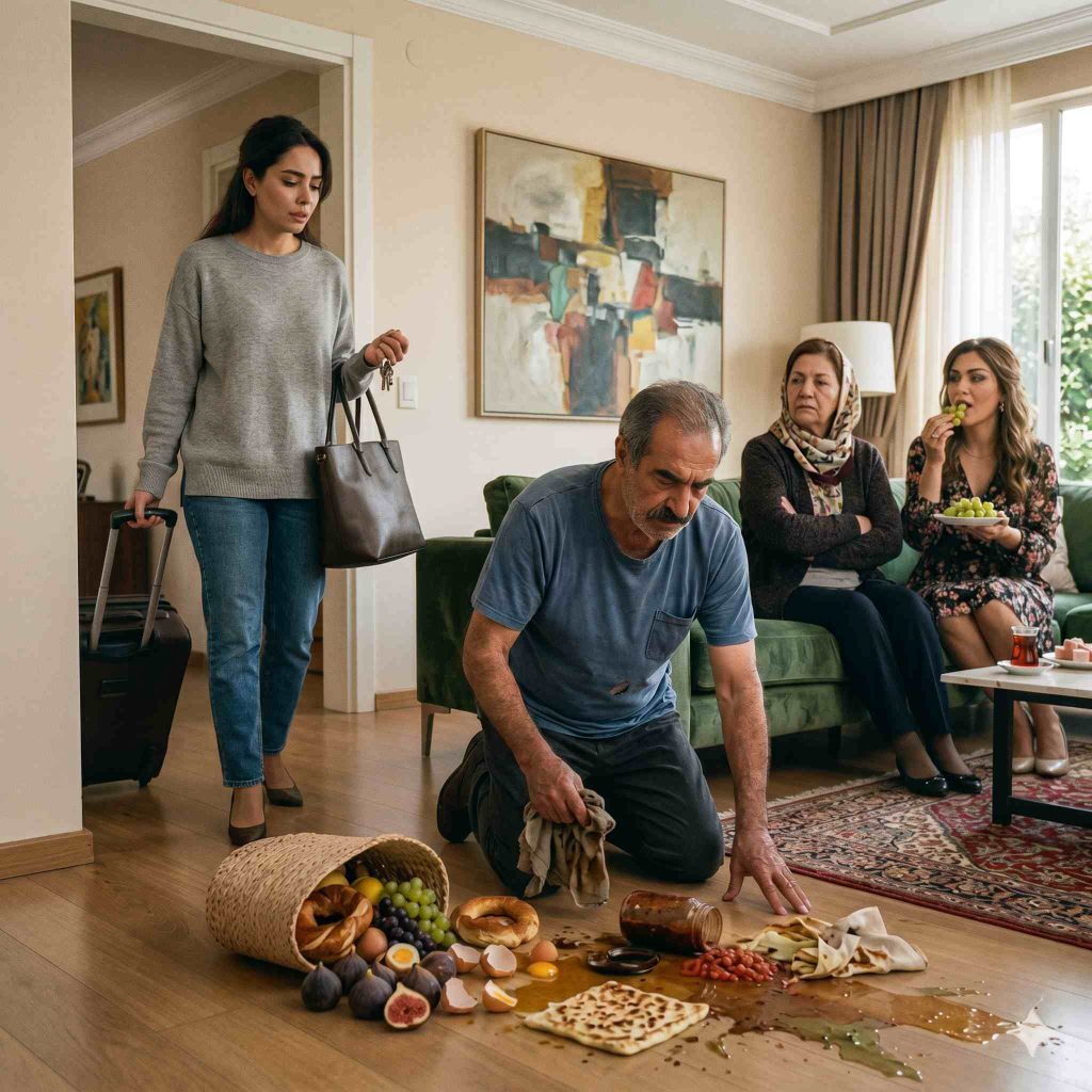 Bir kadın, bir yolculuktan erken eve döndüğünde babasını dizlerinin üzerinde yerdeki evi silerken görür; bu sırada kayınvalidesi ona alay ederek şöyle der: “Bu ev bir çiftlik gibi kokuyor.” - Fotoğraf 2